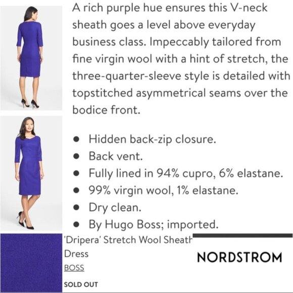 BOSS Dress Womens US 6 Blue Dripera Sheath Three Quarter Sleeve Knee Length Work - Picture 2 of 11